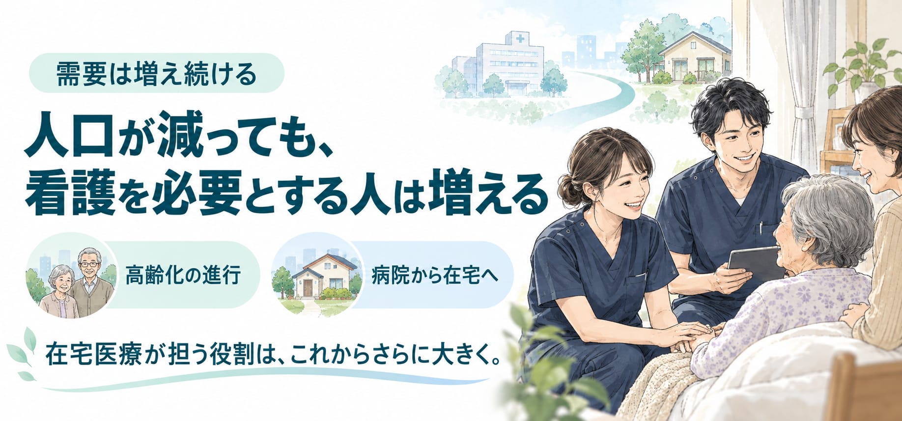 需要は増え続ける。人口が減っても、看護を必要とする人は増える。高齢化の進行、病院から在宅へ。在宅医療が担う役割は、これからさらに大きく。