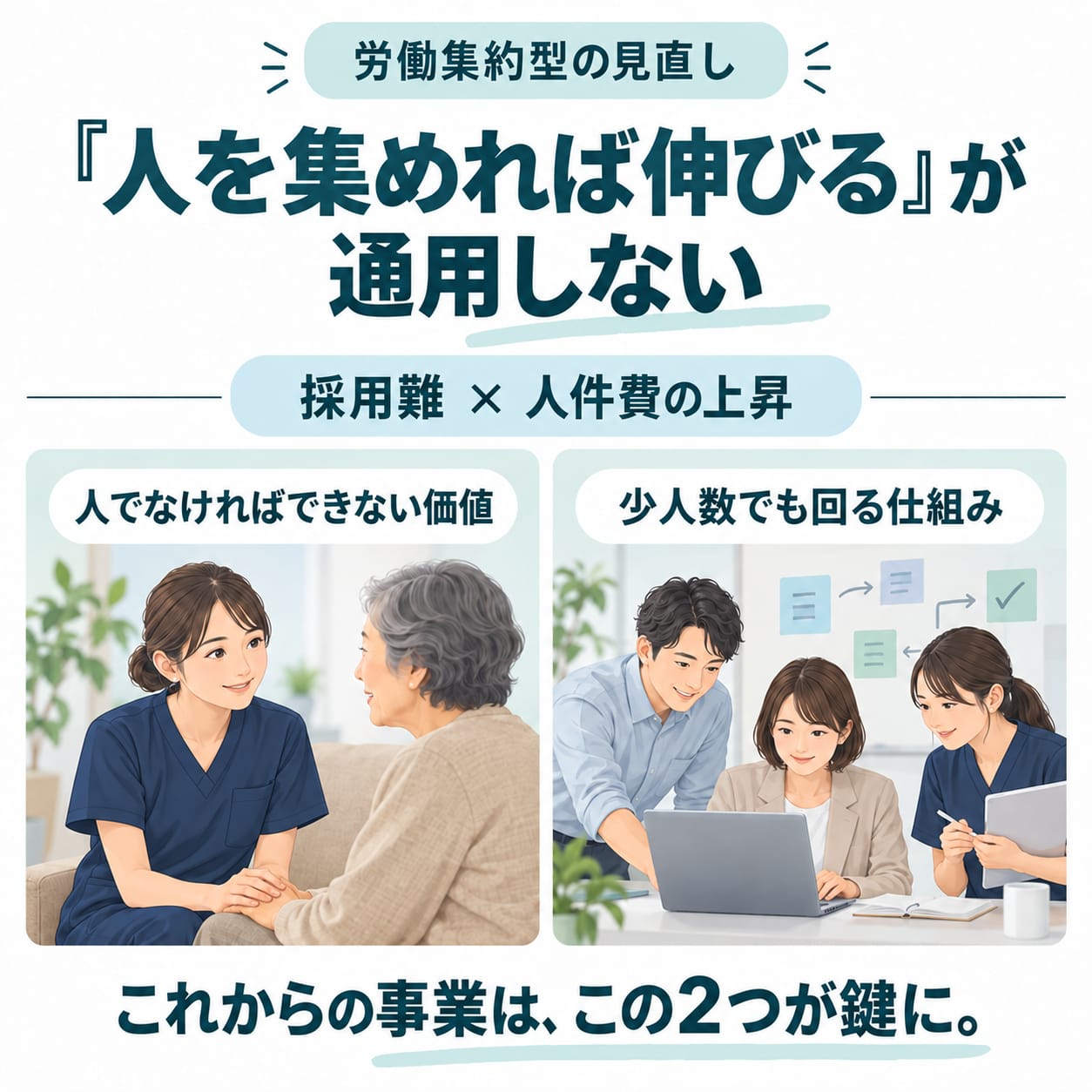 労働集約型の見直し。『人を集めれば伸びる』が通用しない。採用難 × 人件費の上昇。人でなければできない価値、少人数でも回る仕組み。これからの事業は、この2つが鍵に。