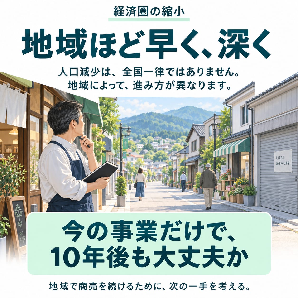 経済圏の縮小。地域ほど早く、深く。人口減少は、全国一律ではありません。地域によって、進み方が異なります。今の事業だけで、10年後も大丈夫か。地域で商売を続けるために、次の一手を考える。