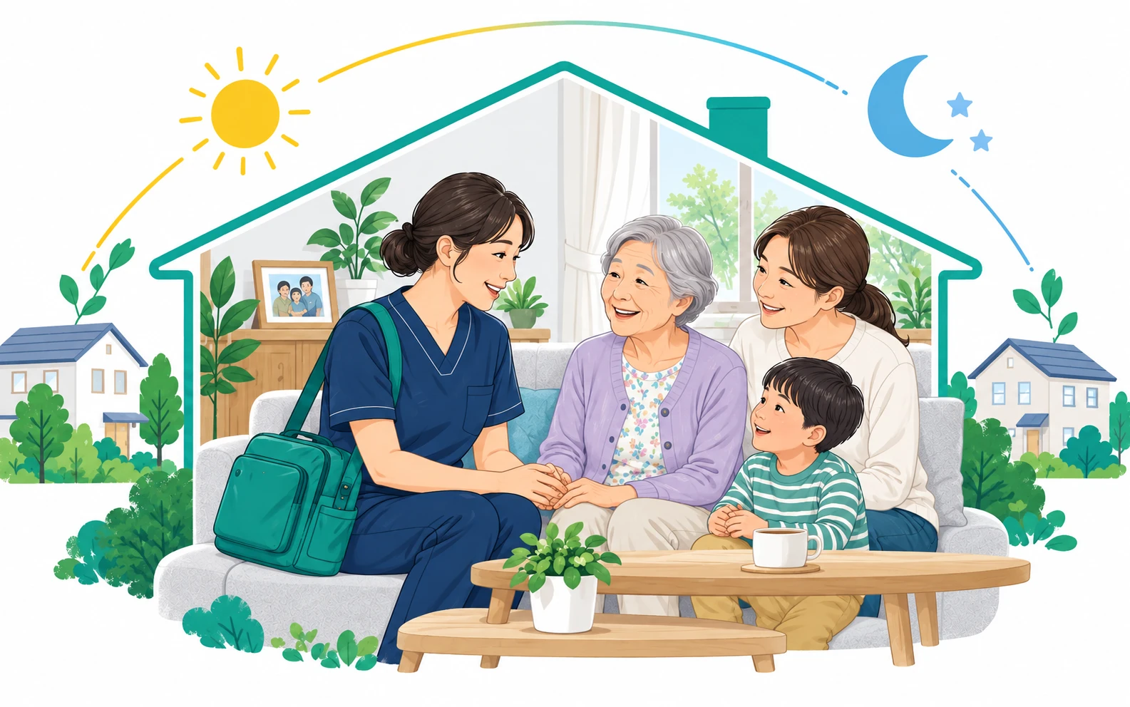 自宅のソファで、看護師と利用者の家族三世代が笑顔で話しているイラスト。家の輪郭の中に朝の太陽と夜の月が描かれ、24時間の見守りを表す