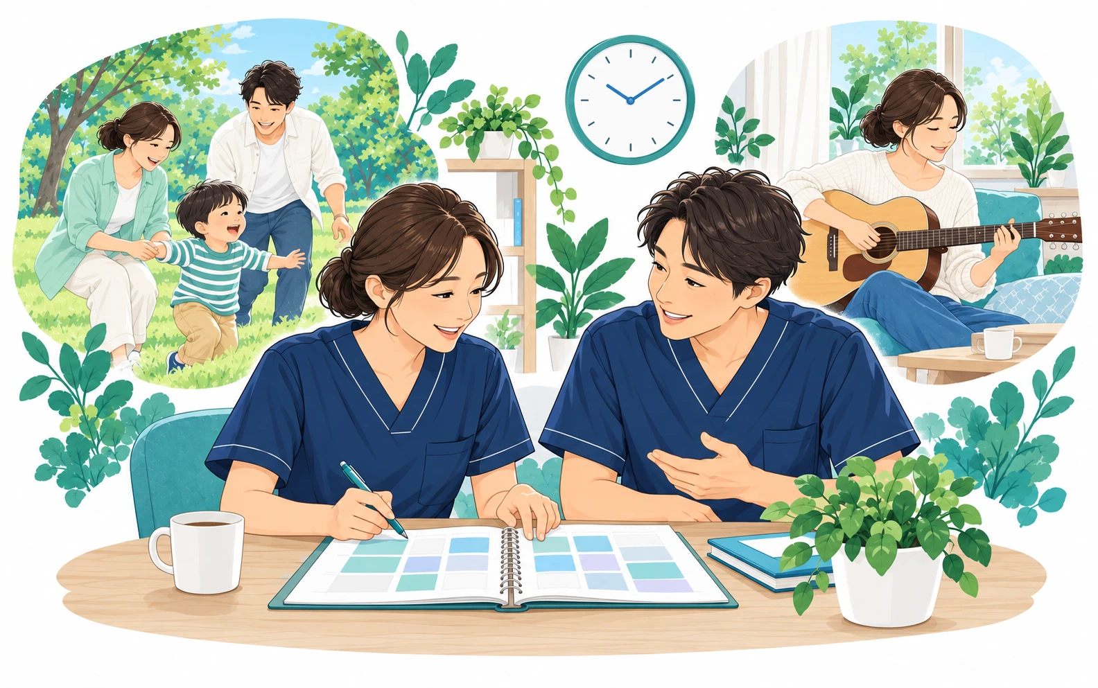 2人の看護師が予定表を見ながら働き方を相談しているイラスト。背景に家族と公園で遊ぶ場面と、自宅でギターを弾く場面