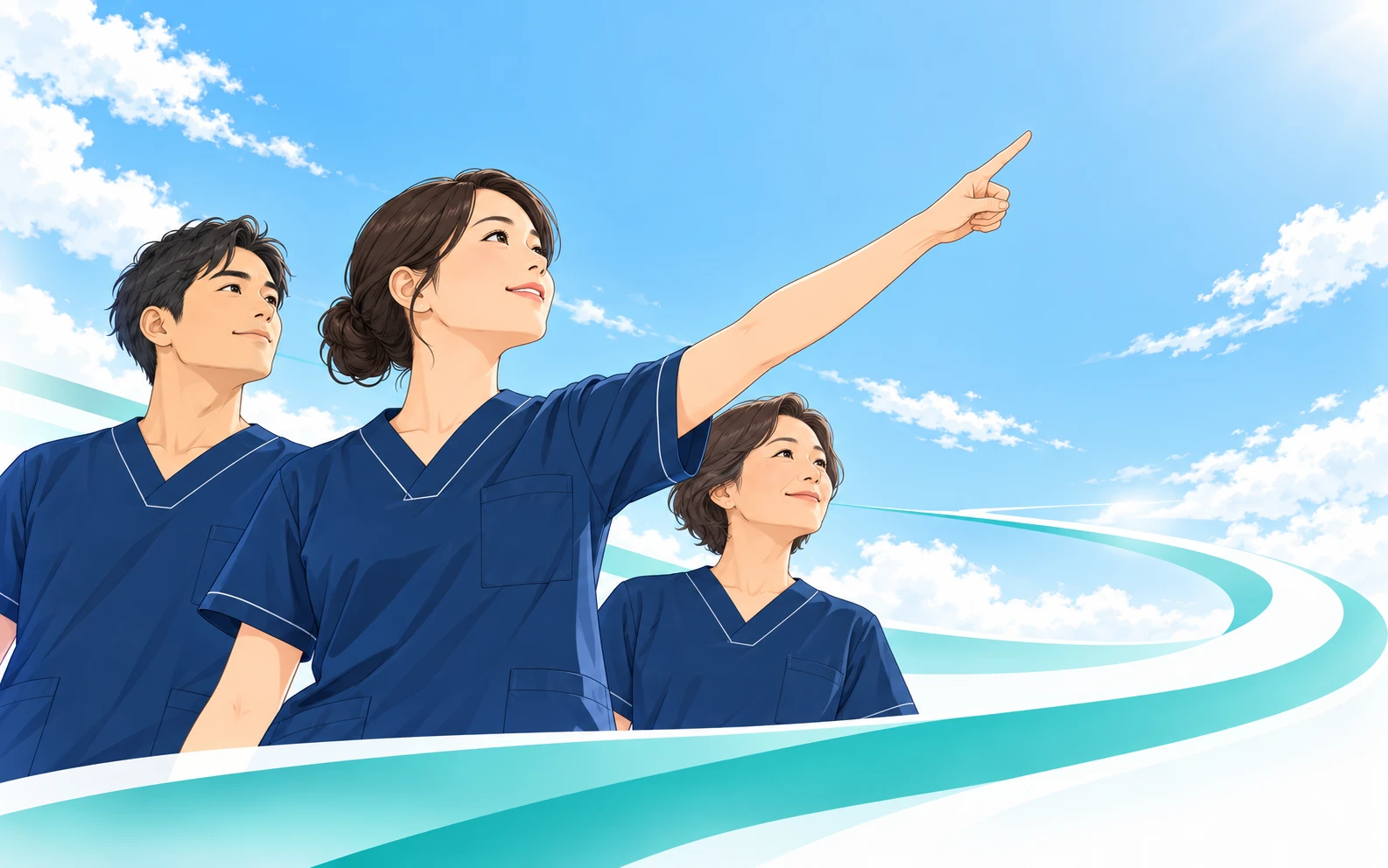 青空の下で、3人の看護師が遠くを指して未来を見つめているイラスト