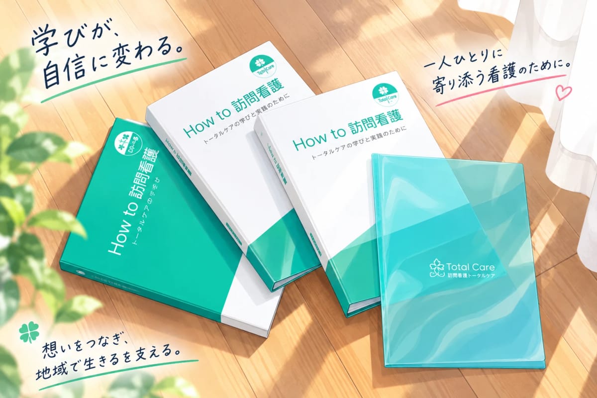 床に並んだトータルケアのOJT教材「How to 訪問看護」3冊とファイルのイラスト。「学びが、自信に変わる。」「一人ひとりに寄り添う看護のために。」「想いをつなぎ、地域で生きるを支える。」の手書き文字